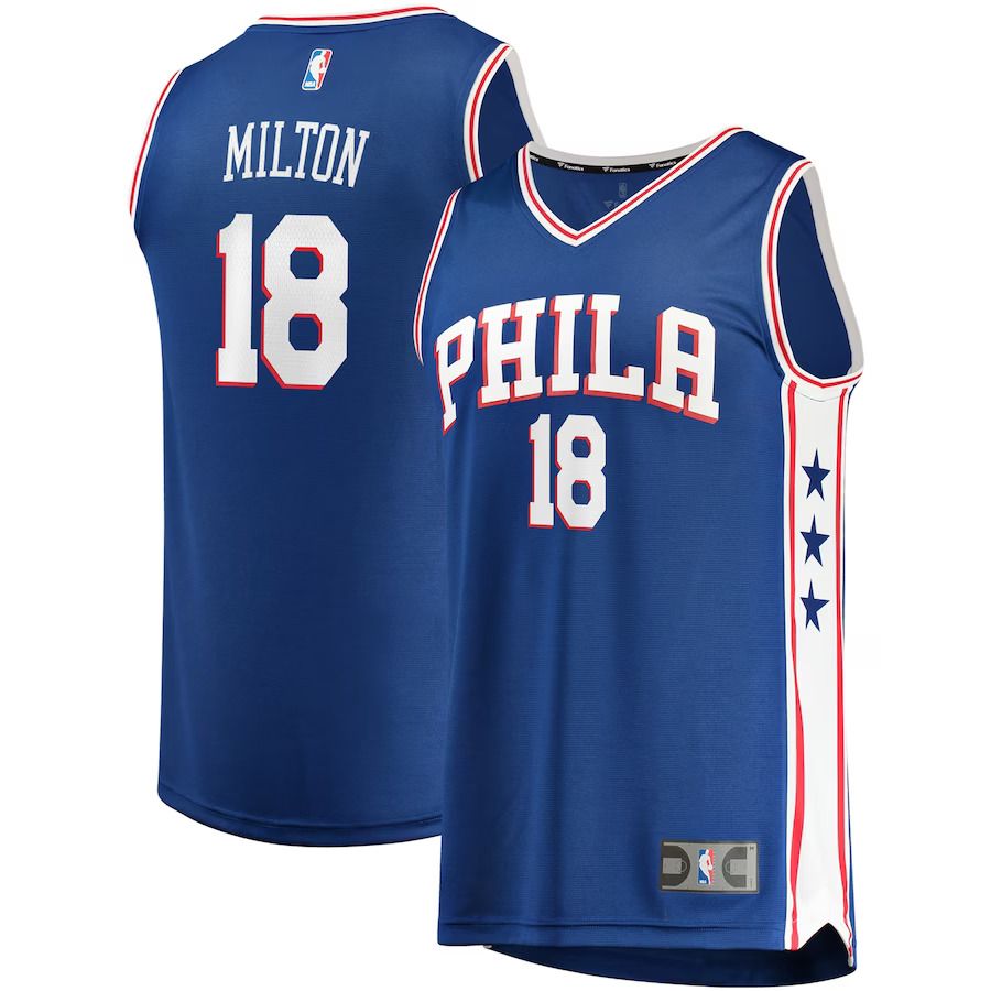 Men Philadelphia 76ers #18 Shake Milton Fanatics Branded Royal Fast Break Replica NBA Jersey